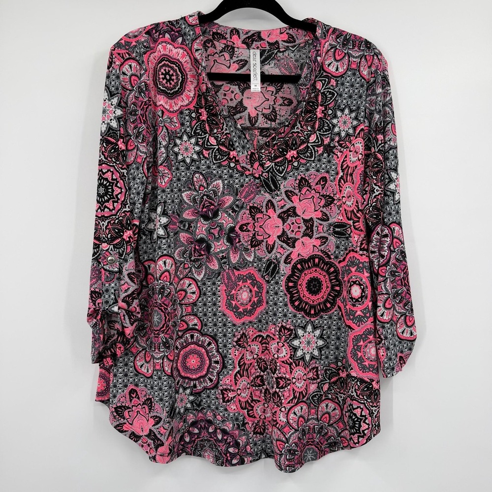 Dear Scarlett Tunic Blouse Womens Medium Pink Floral V-Neck Roll Tab Sleeve Liz